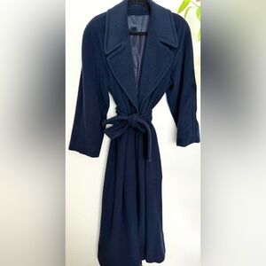 Vintage Regency Cashmere Coat Long Trench Wrap Belted Overcoat Navy Blue 1960s